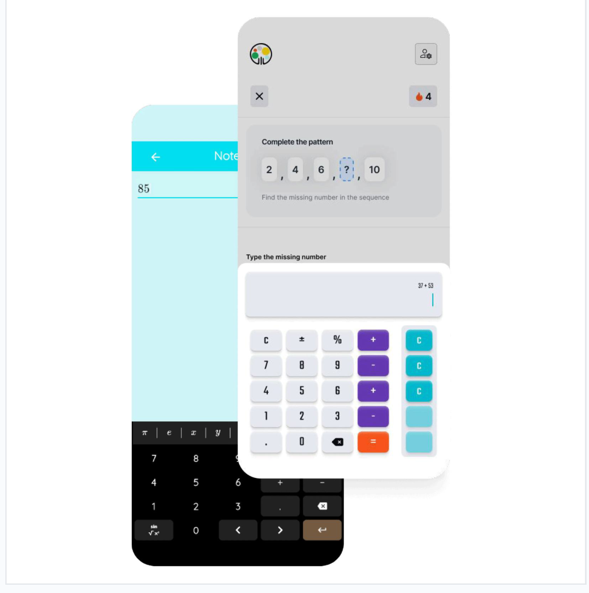 The old separate notepad screen beside the new calculator overlaid on the question