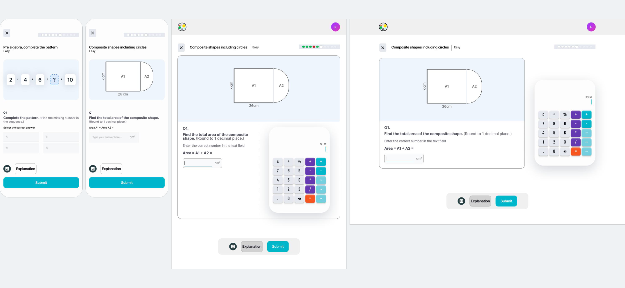 The revised three-column question layout: equation, question and input, and calculator or number pad