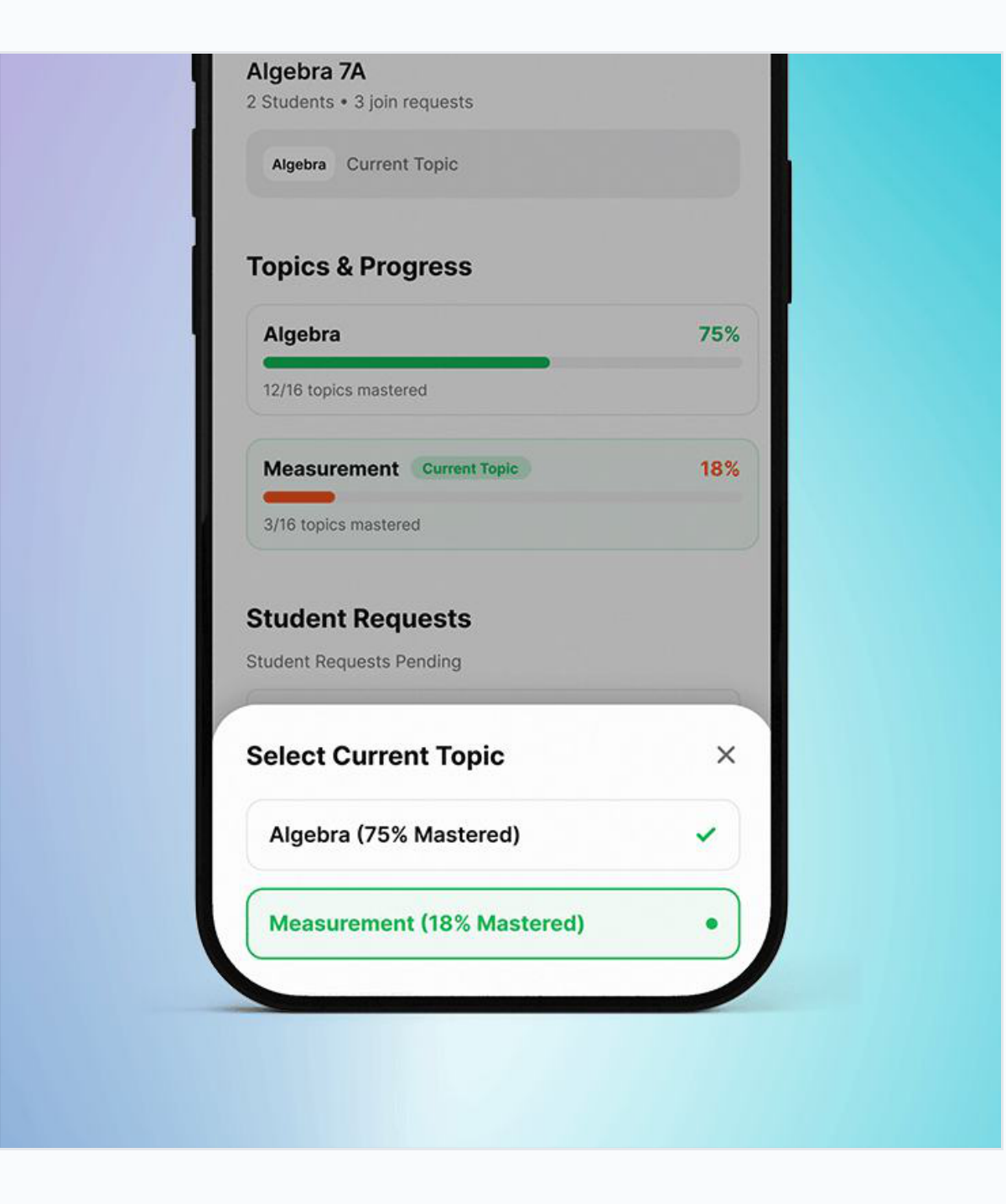 The Select Current Topic modal on the class screen