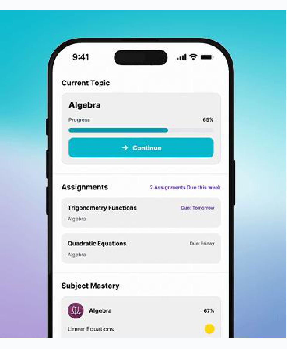 The student dashboard with current topic, assignments and subject mastery