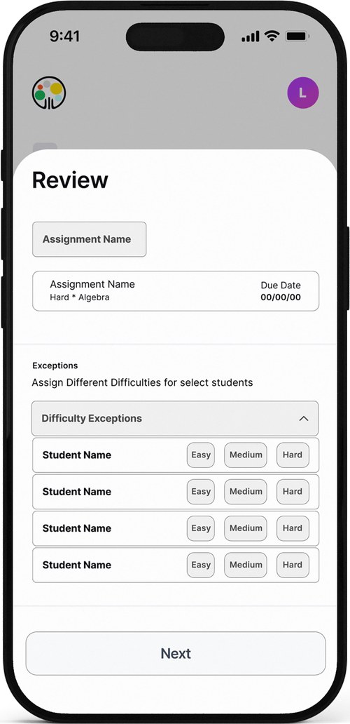 Review with per-student difficulty exceptions