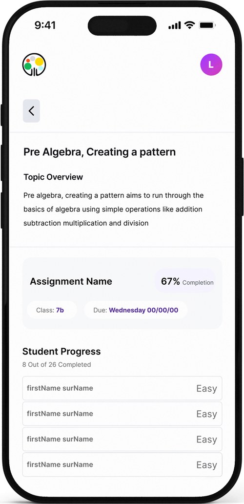 The teacher management view: student progress listed, with those who haven't completed the assignment surfaced at the top