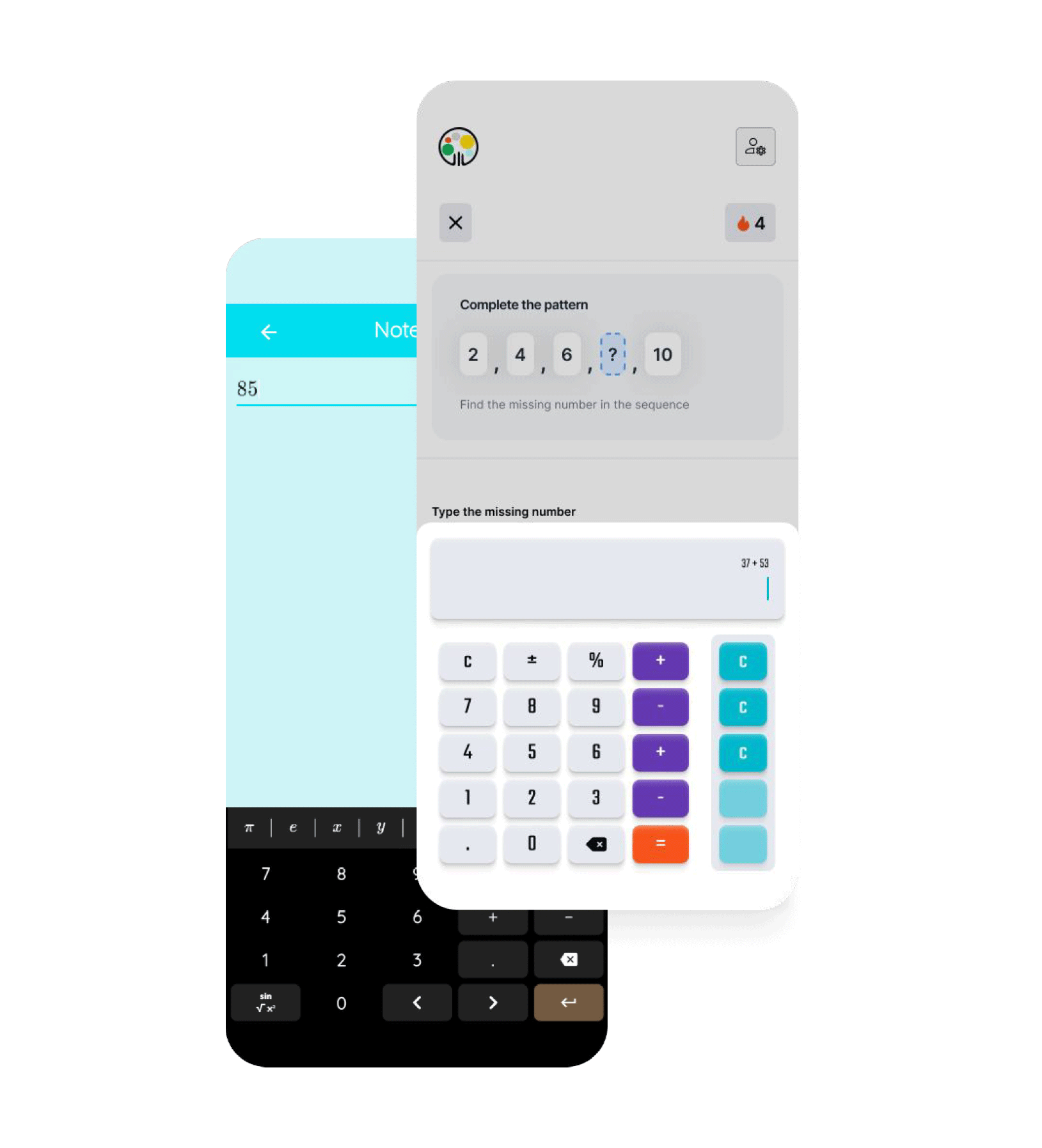 The old separate notepad screen beside the new calculator overlaid on the question, with a fifth column of question-specific operations
