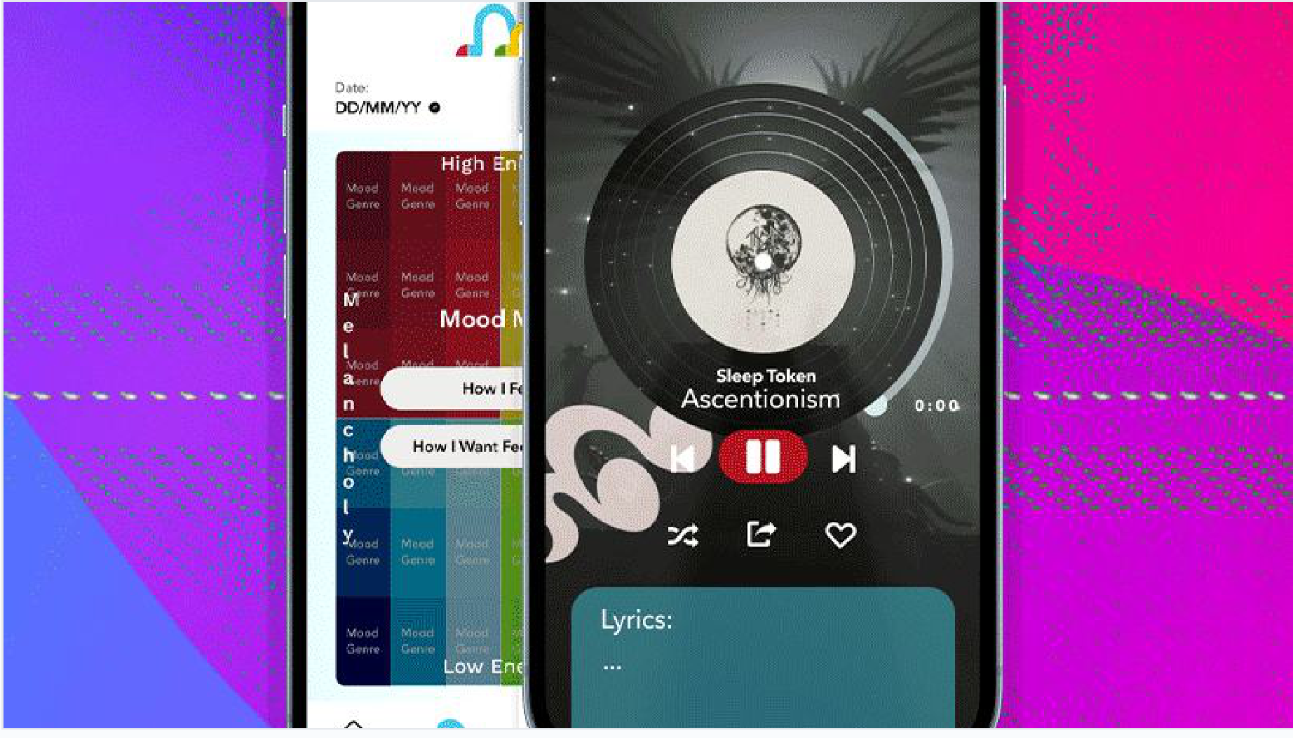 Metle shown on mobile — the Mood Map and the vinyl-inspired music player