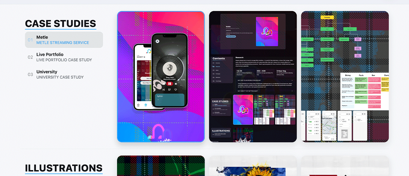 This portfolio's case study cards and illustrations grid