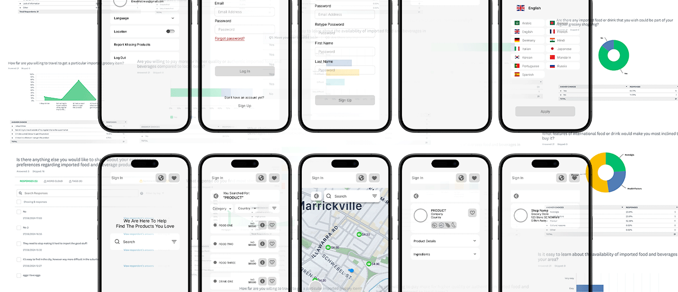 App screens for account sign up, language and location settings, and product search results