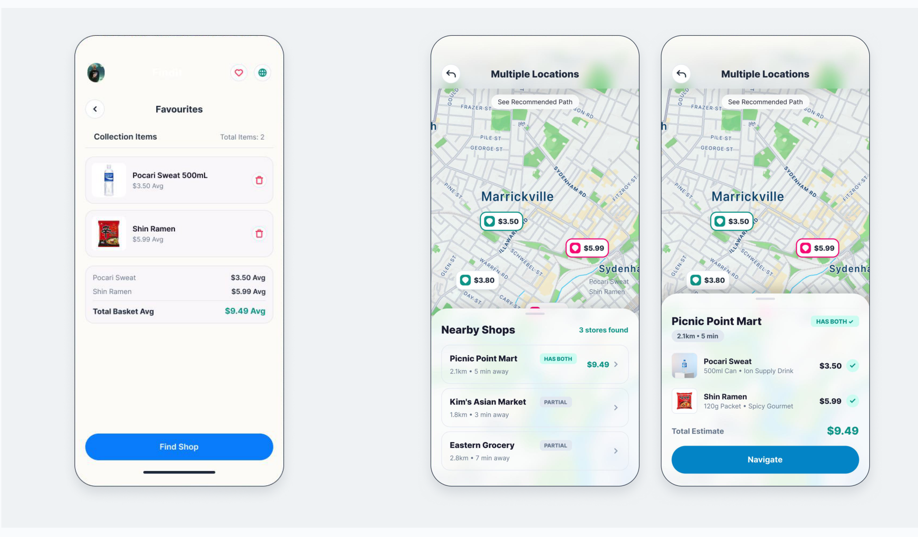 A saved favourites list and the multiple-locations view comparing stores