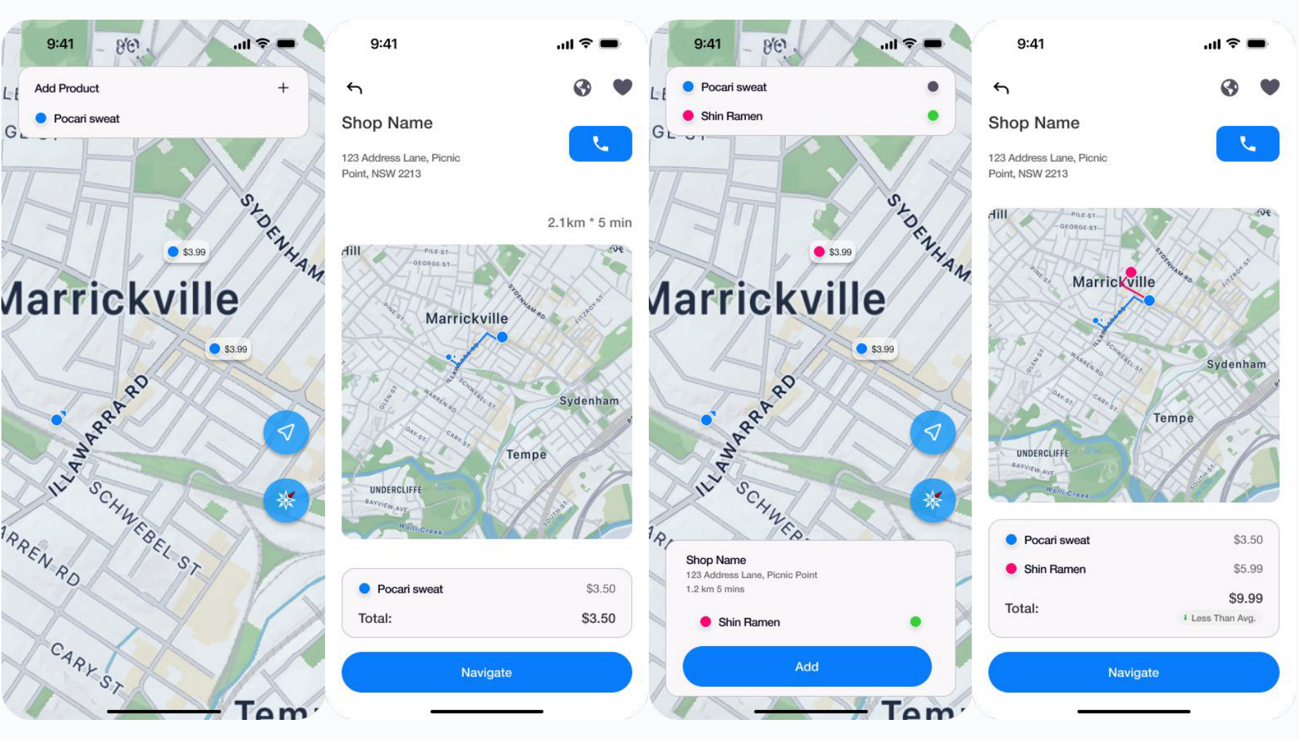Early product screens: add a product, view a shop on the map, and see price and distance